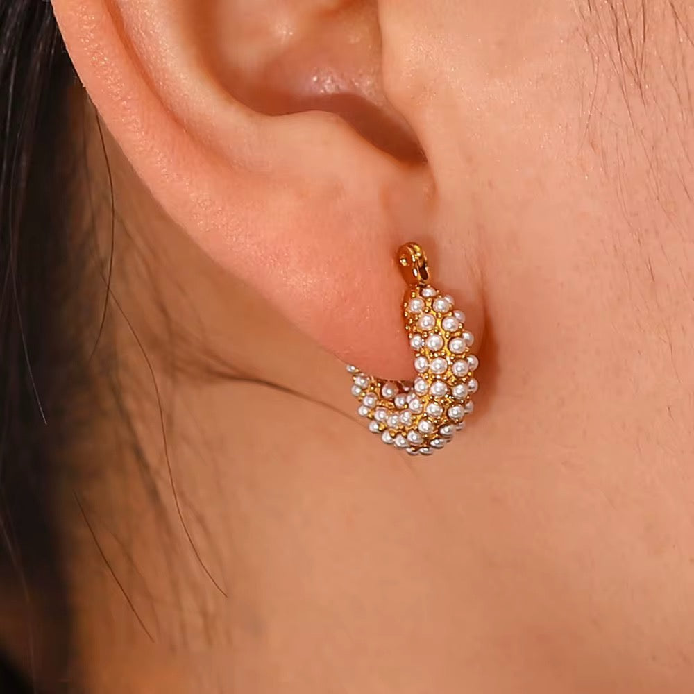 18K Pearl Iced Hoops
